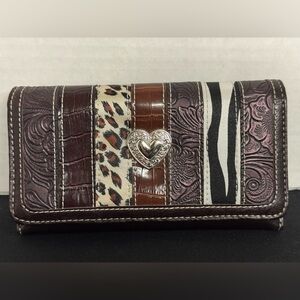 Brown and Black Patterned Women's leather trifold wallet with checkbook insert